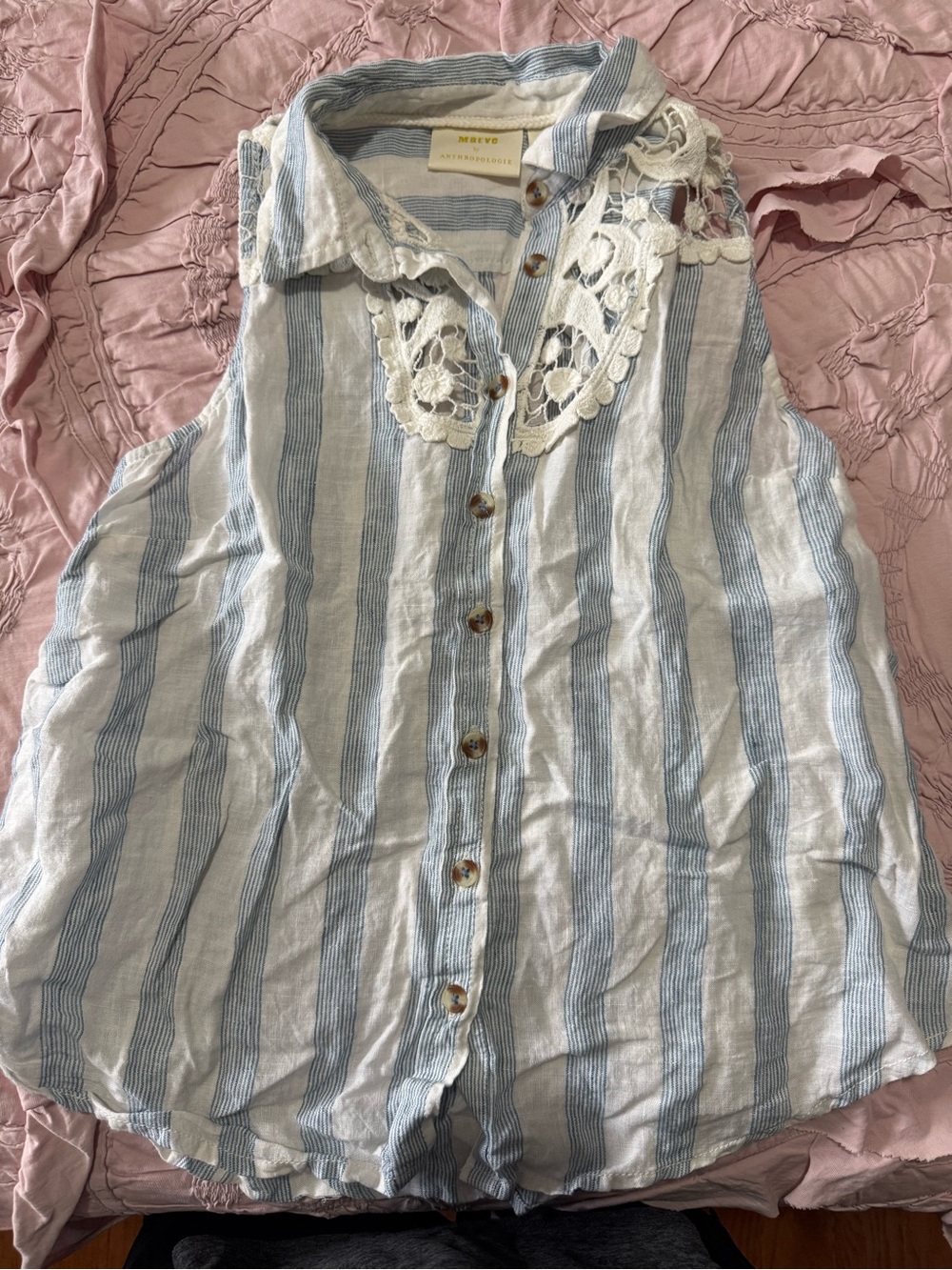Anthropologie Blue and White Striped Sleeveless Button-Up Top with Lace Trim